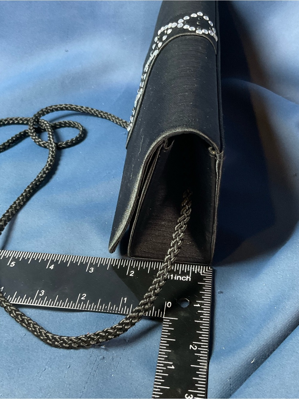 Black Satin Evening Clutch Purse Rhinestone Accent long Strap wedding Classic - Picture 8 of 8